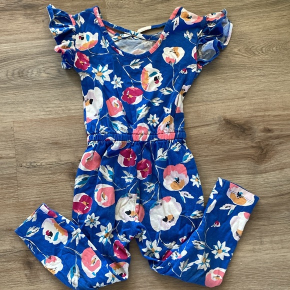 5T Tea Collection Blue Floral Flower Girls Jumpsuit One Piece - Picture 2 of 6
